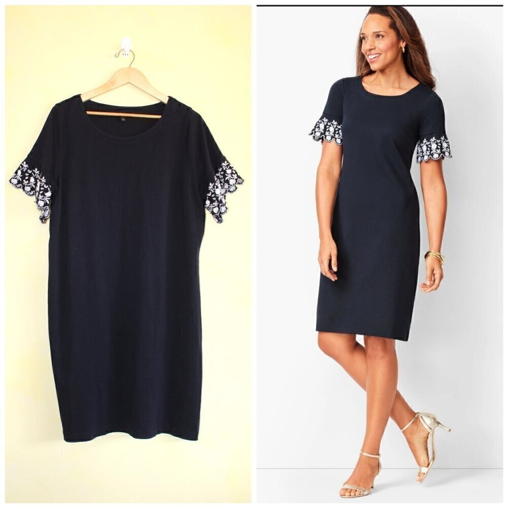 Talbots Navy Blue Embroidered Sleeve Shift Mini Dress Size 2XP Pullover Cotton